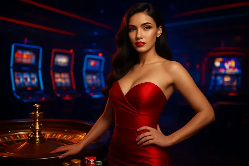 Elegant woman in red dress posing near roulette and slot machines with gold coins and poker chips in a luxury Bangladeshi casino