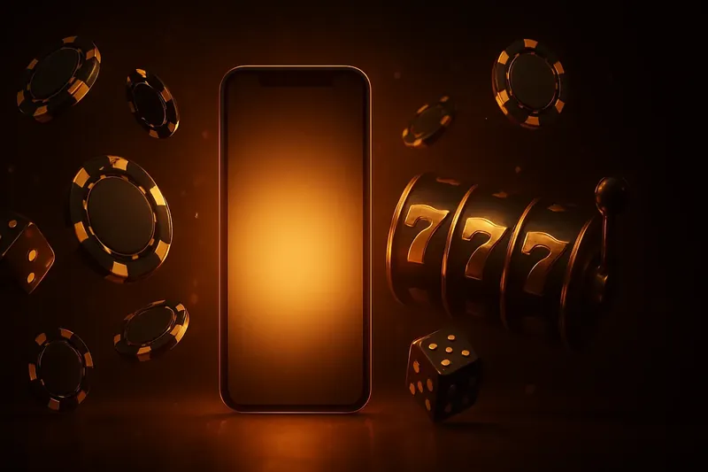 Panoramic banner with glowing smartphone, casino chips, slot reels, and dice on dark luxurious background